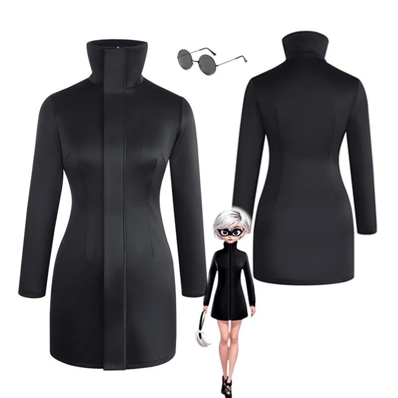 Women Gojo Satoru Bodycon Dress Cosplay Costume with Glasses Set for Girl Cosplay Stretchy Fabric Black Sexy Dress Halloween