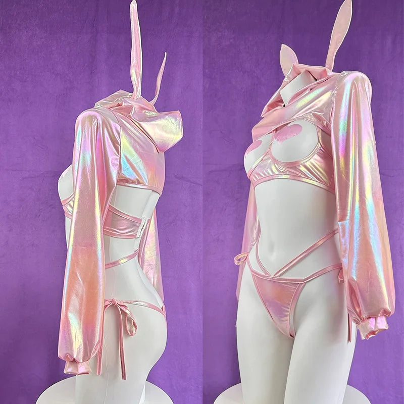 Anime Bunny Girl Cosplay Costume Women Laser Leather Sexy Lingerie Rabbit Maid Uniform Underwear Suit Halloween Carnival Clothes
