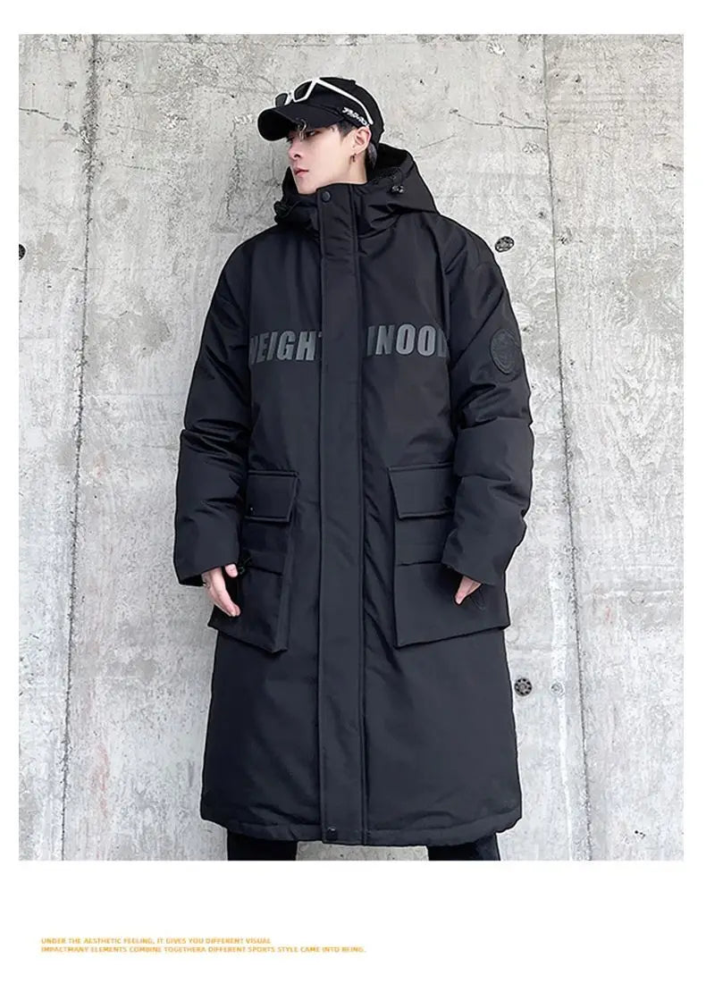 Techwear Down Cotton Jacket Men's Oversize Mid Length Workwear Cold Weather Clothing Winter Pockets Thick Hooded Parkas
