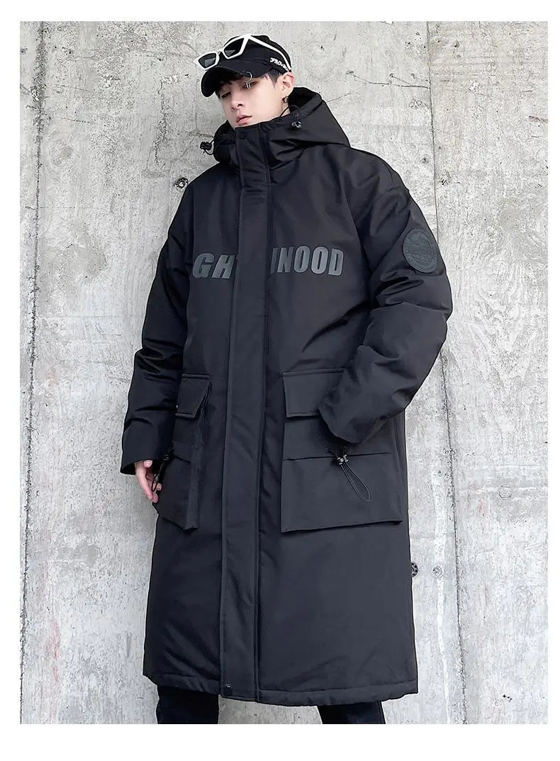 Techwear Down Cotton Jacket Men's Oversize Mid Length Workwear Cold Weather Clothing Winter Pockets Thick Hooded Parkas