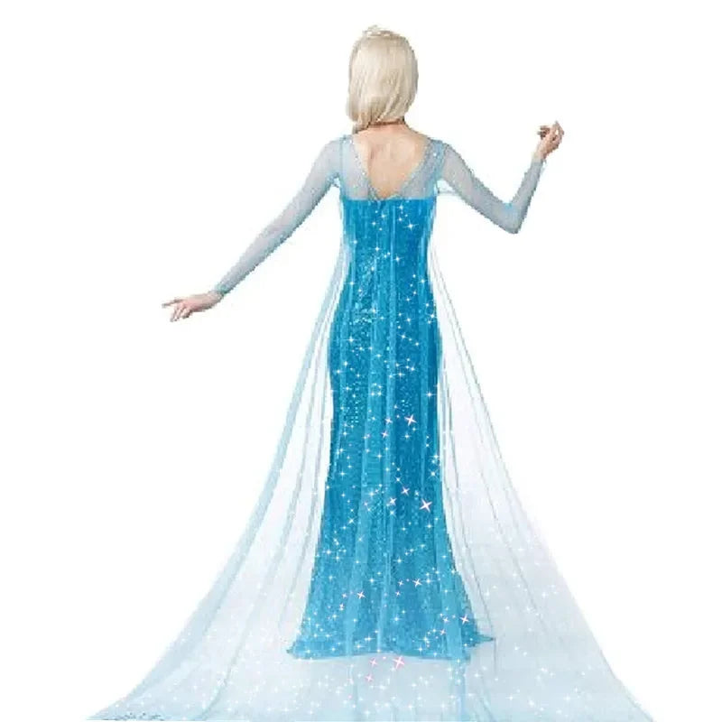 Frozen Elsa Princess Long Dress Sequin Mesh Elsa Costume Adult Snow Queen Costume Party Dress Halloween Carnival Cosplay Costume