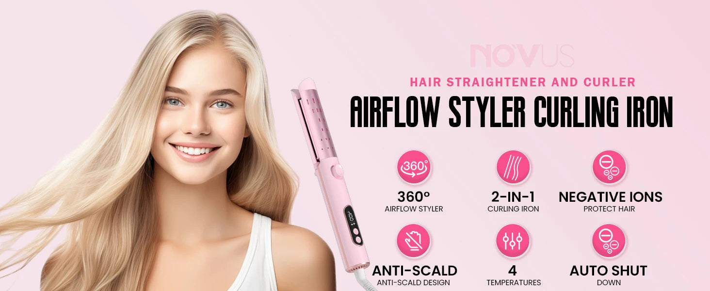 Airflow Curling Iron for Lasting Curls -Ceramic Flat Iron Hair Straightener and Curler 2 in 1, Anti-Scald Curling Wand 1.25 Inch