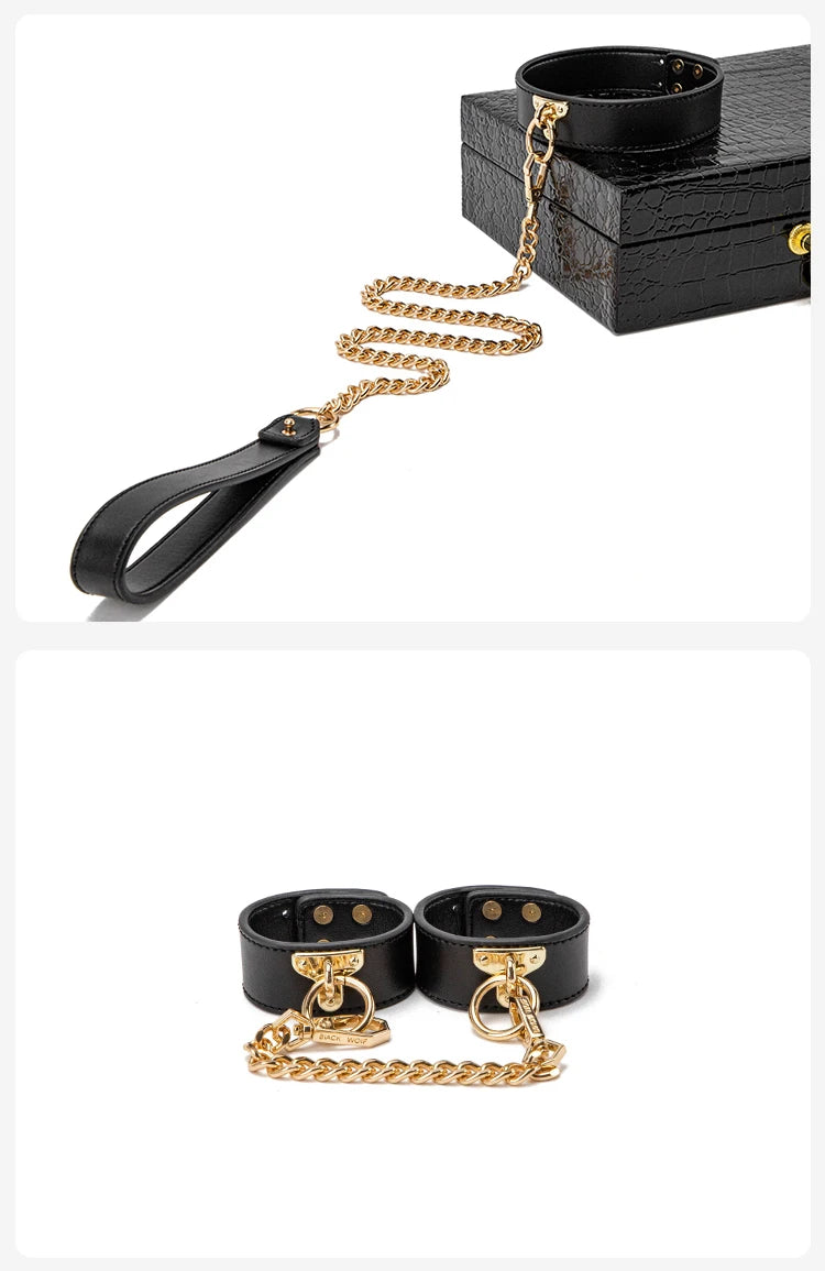 Erotic Bed Bondage Kits Slave Restraint Bondage Set Genuine leather Collar Mouth Gag Whips Handcuffs Adult Sex Toys For Couples