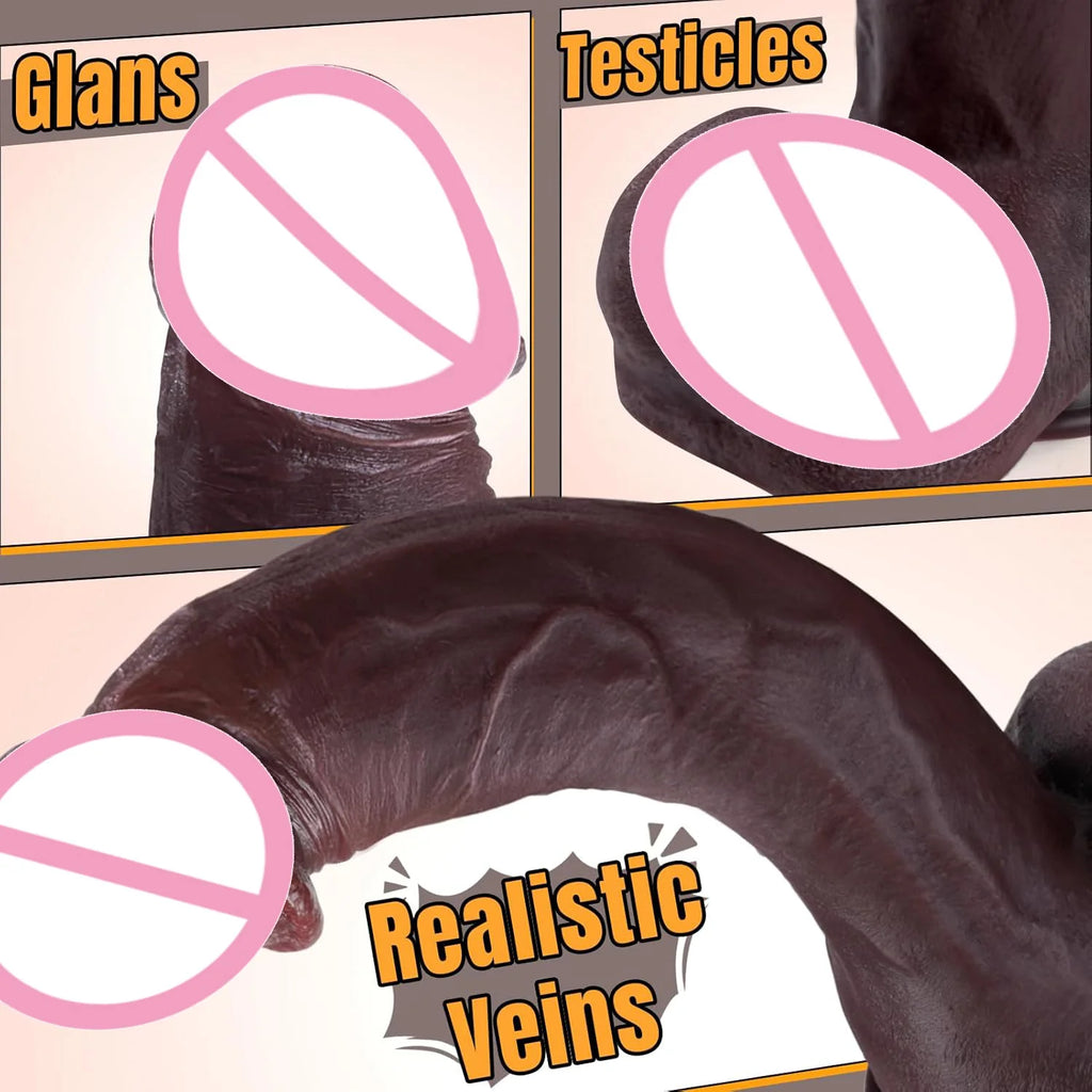 Simulated large black dildo sex toy, skin like huge thick dildo, with realistic silicone dildo with suction cups