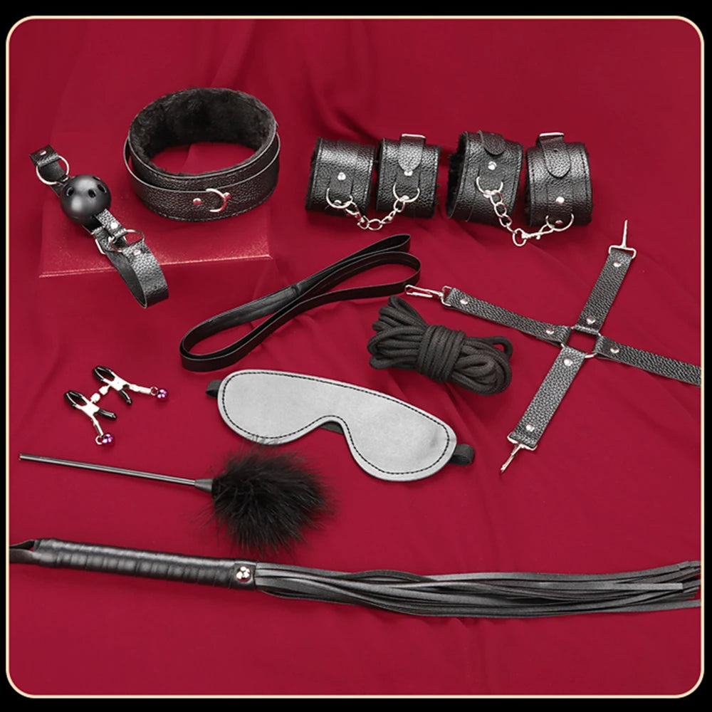 BDSM Bondage Restraint Kit 10 Pieces Drawstrings Collars Eye Masks Mouth Balls Whips Cotton Ropes Nipple Clamps Rope for Couples