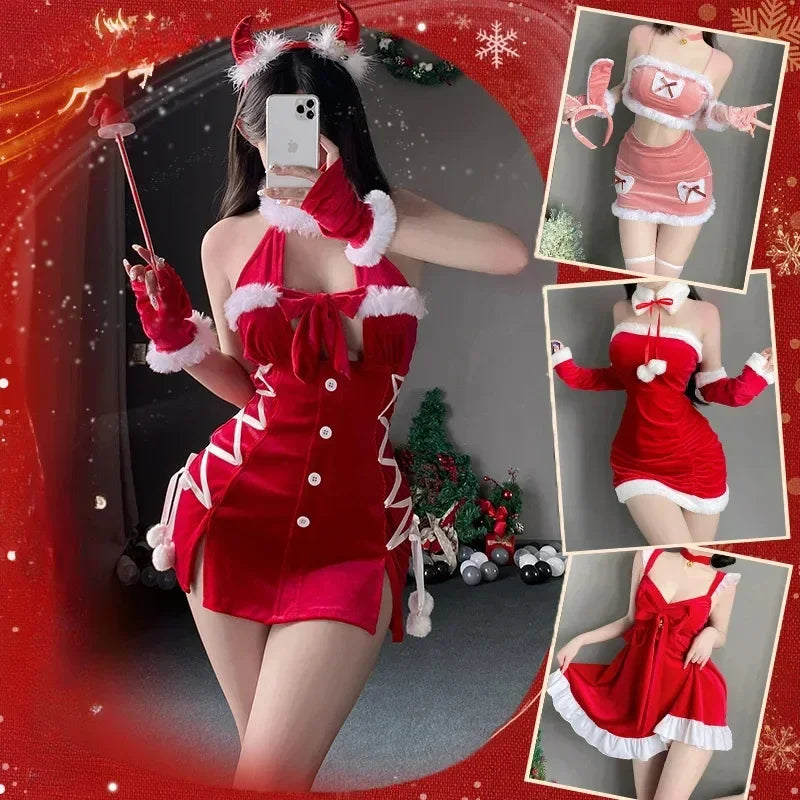 Sexy Christmas Dress Santa Claus Series Costume Xmas Party Girl Red Dress Cloak Rope Unifrom Sexy Pajamas Club Party Cosplay