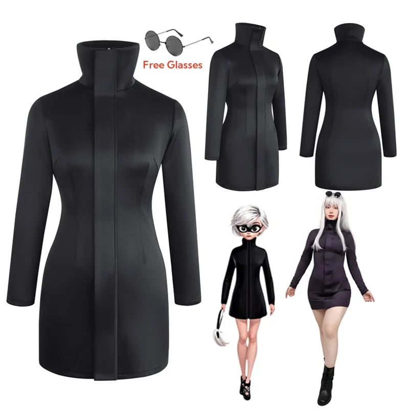 Women Gojo Satoru Bodycon Dress Cosplay Costume with Glasses Set for Girl Cosplay Stretchy Fabric Black Sexy Dress Halloween