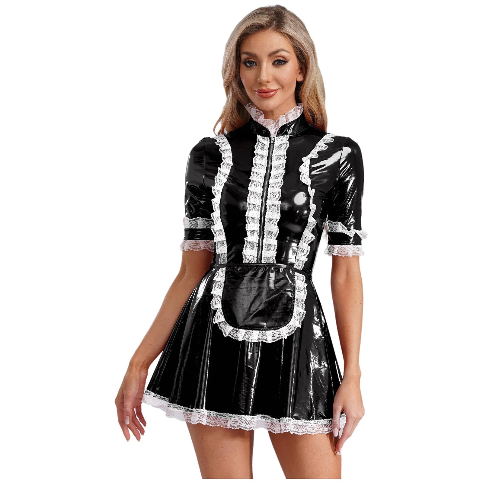 Women PVC Leather A-Line Servants Maid Dress Maid Cosplay Costume Role Play Maid Uniform Temptation Anime Cosplay Party Costume