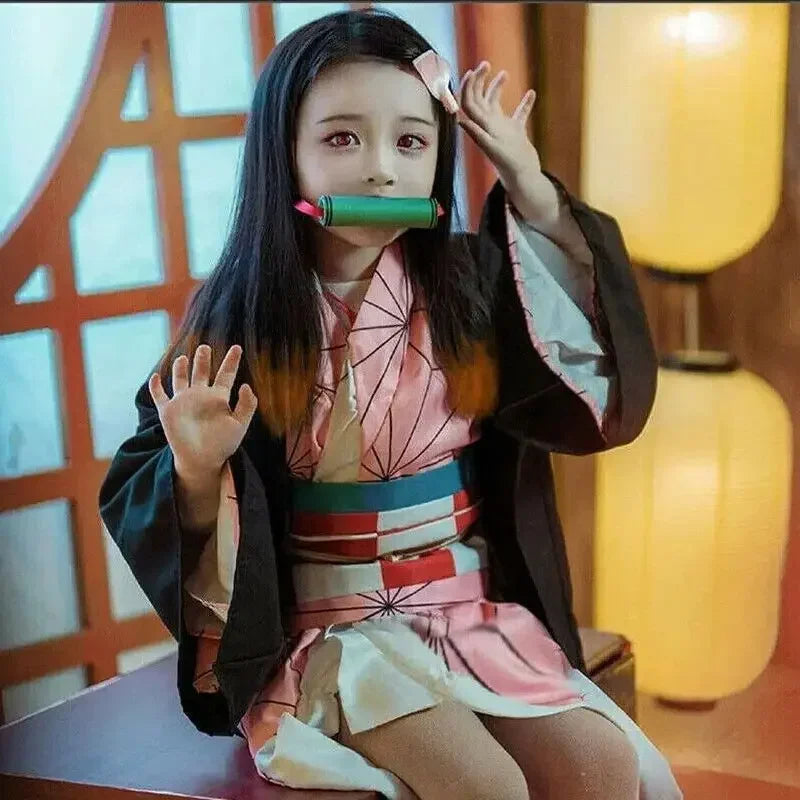 Anime Cosplay Kimetsu No Yaiba Kamado Nezuko Costume Kimono Demon Slayer Cosplay Wigs Hairs Halloween Carnival Women Outfit