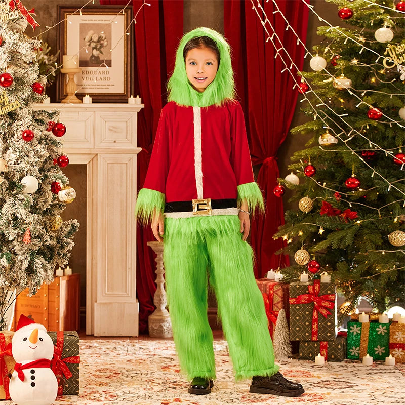 Little Kids Boys Girls Christmas Cosplay Costume Green Furry Monster Hooded Santa Claus Tops Green Fuzzy Pants Set