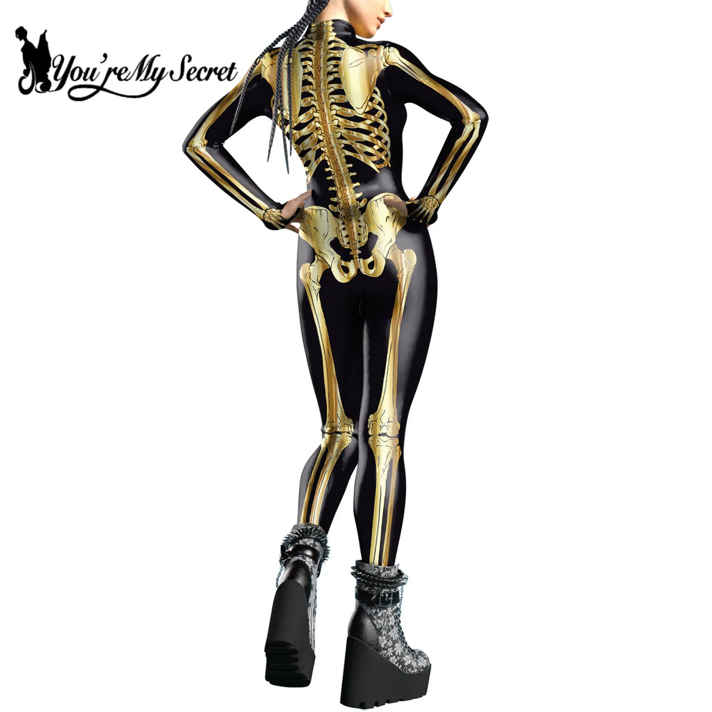 [You're My Secret]Halloween Cosplay Costumes For Women Skeleton Printed Long Sleeve Bodysuits Slim Elastic Fancy Outfits Catsuit