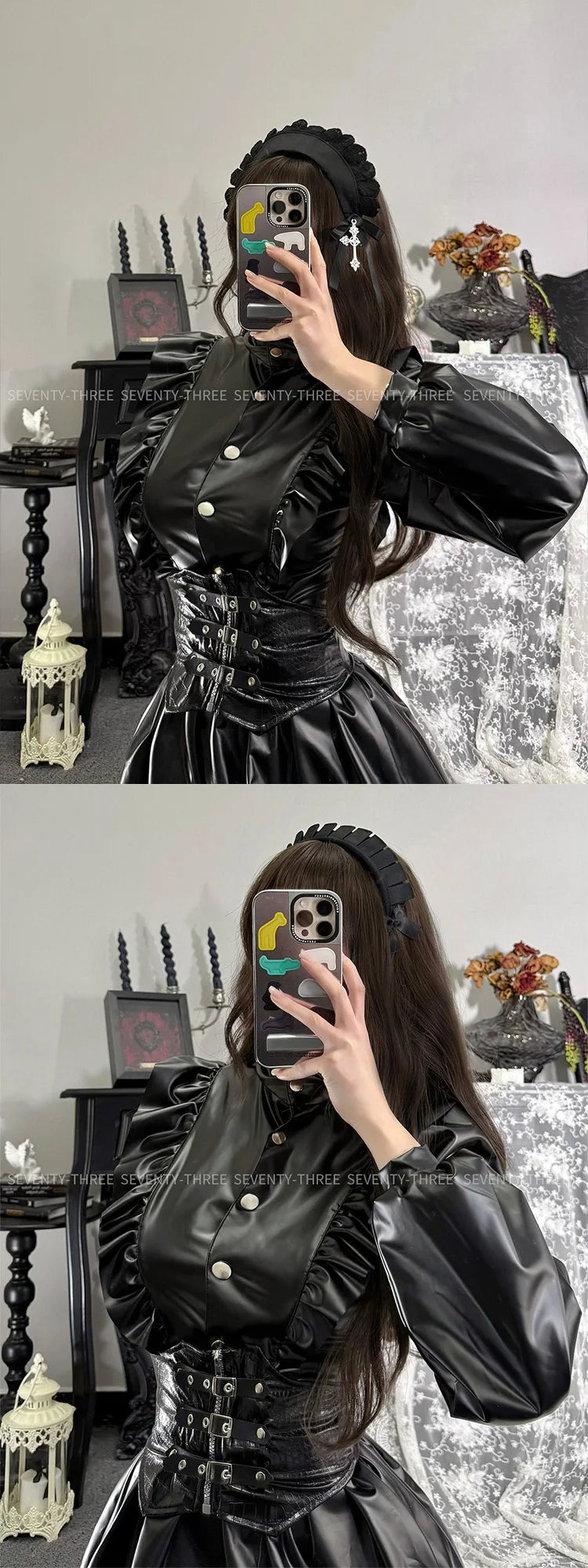 Anime Black Uniform Costume Maid Costume Adult Girl Role Playing Dark Pu Long Skirt Leather Stand Collar Dress Maid Suit