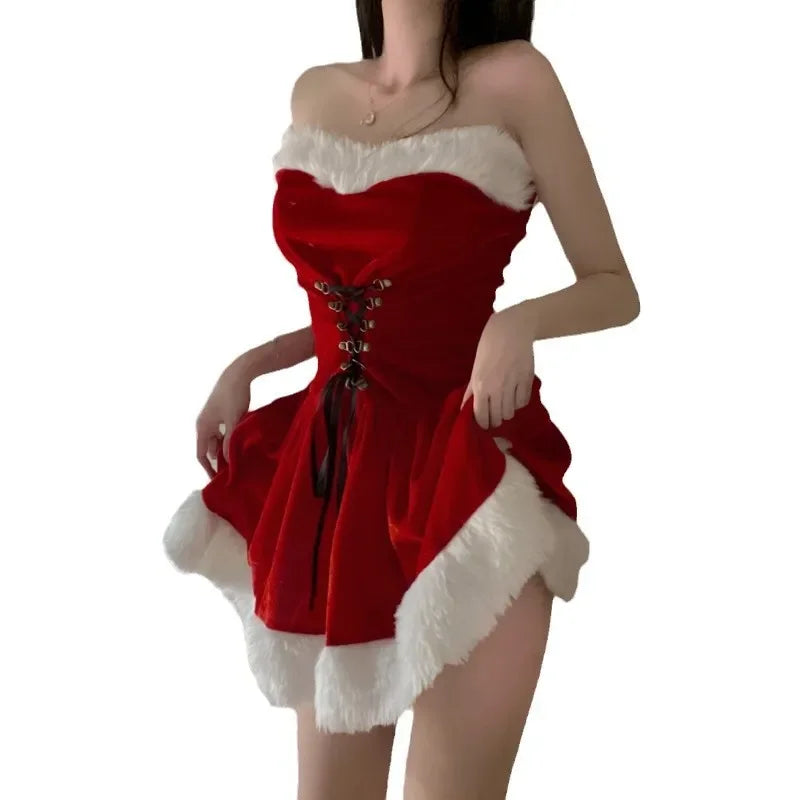 Cute Women Christmas New Year Off Shoulder Bandage A-line Skirt Sexy Nightdress Shawl Santa Claus Role Playing Lingerie Set