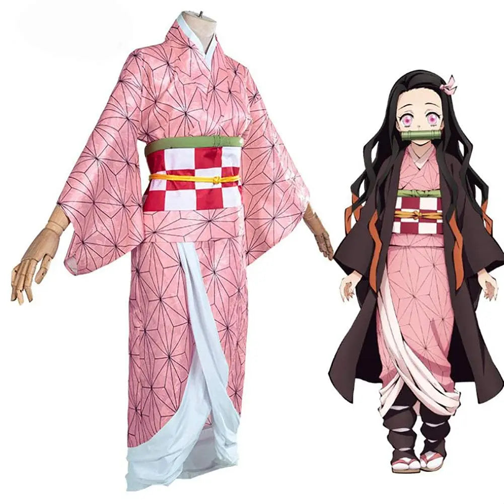 Anime Demon Slayer Kamado Nezuko Cosplay Costume Kimono Kimetsu No Yaiba Cosplay Wigs Hairs Halloween Carnival Women Outfit