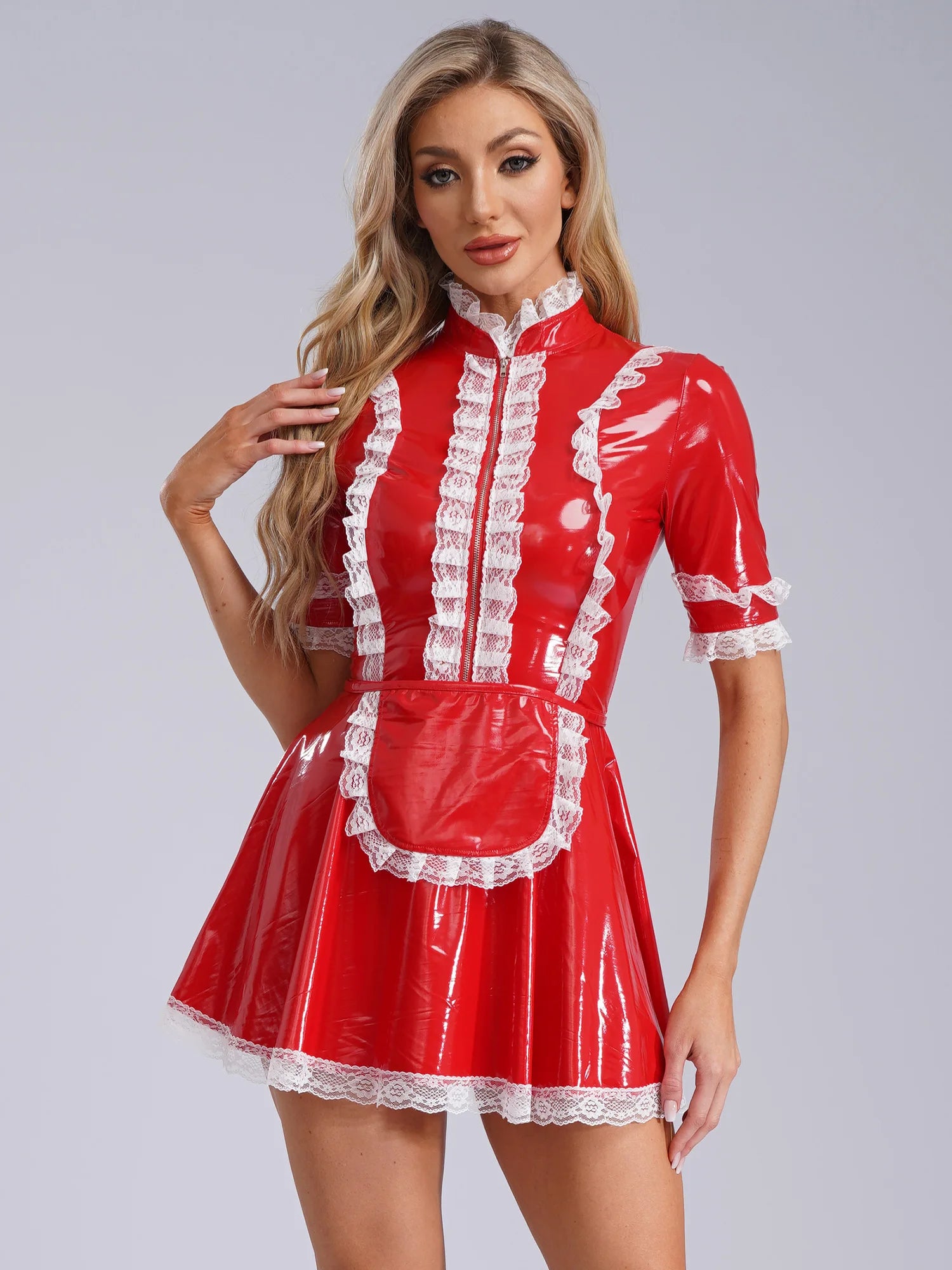 Women PVC Leather A-Line Servants Maid Dress Maid Cosplay Costume Role Play Maid Uniform Temptation Anime Cosplay Party Costume