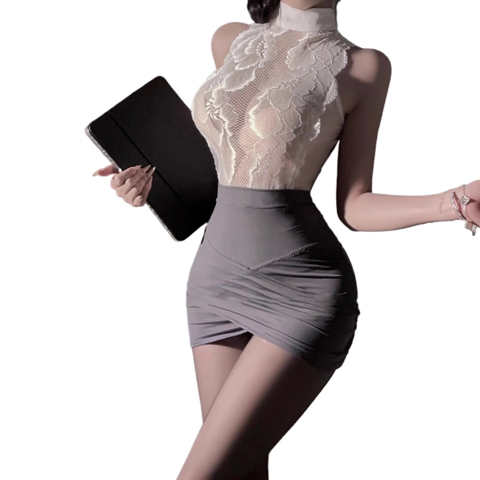 Fetish lingerie; sexy pure secretary hip-hugging skirt; passionate temptation; sexy hollow-out transparent set