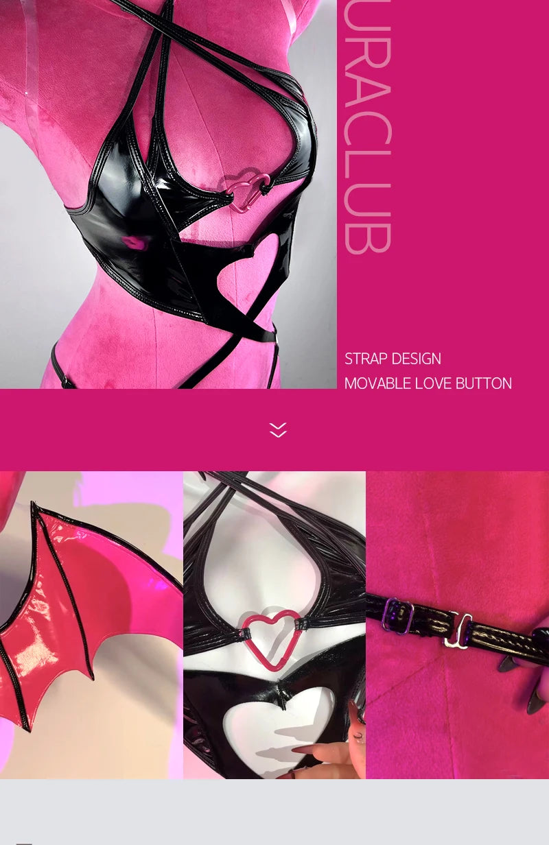 KORURACLUB COSPLAY LITTLE DEVIL WOMEN SEXY BODYSUIT PLUS SIZE HALLOWEEN COSTUMES PU LEATHER SUIT LINGERIE